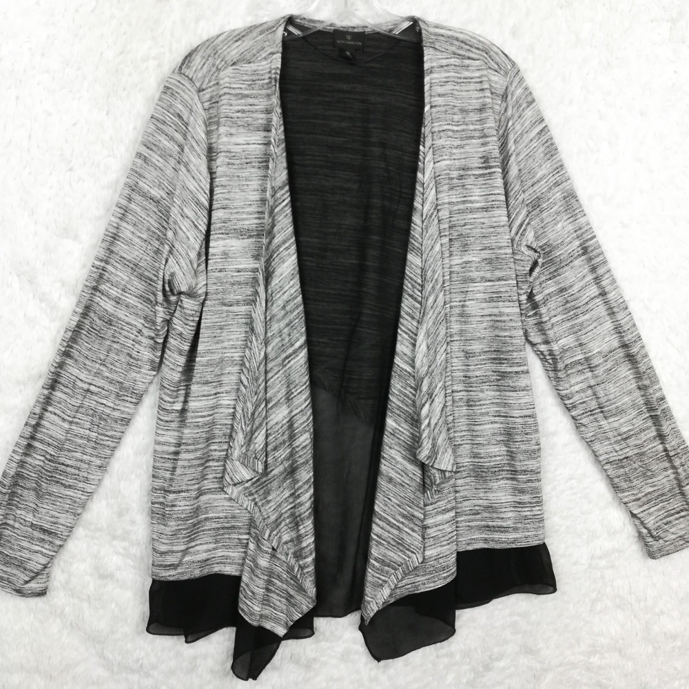 Worthington Womens Cardigan Open Front Top Gray Black Stripe Asymmetric Sheer XL